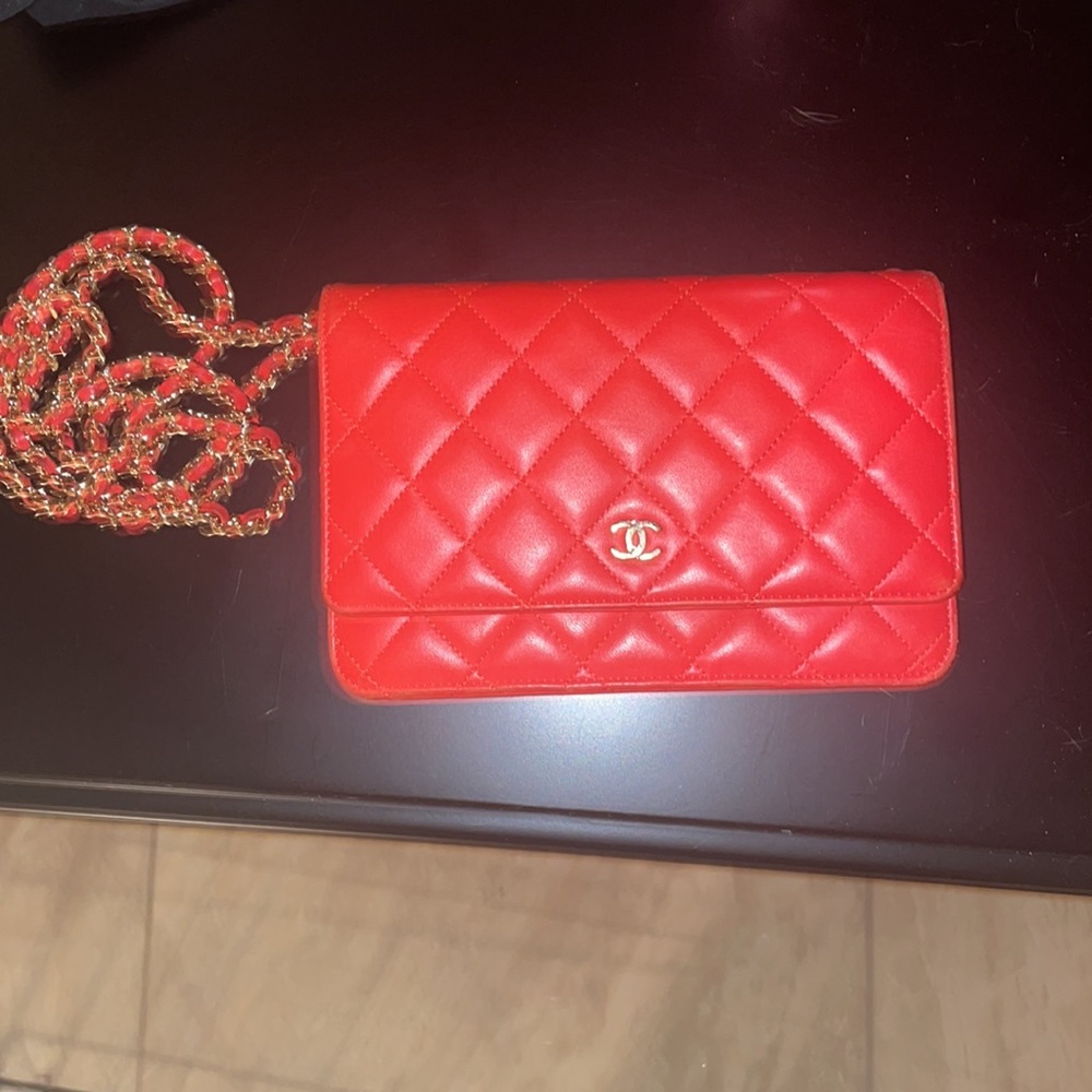 Classic red and gold Chanel wallet on chain